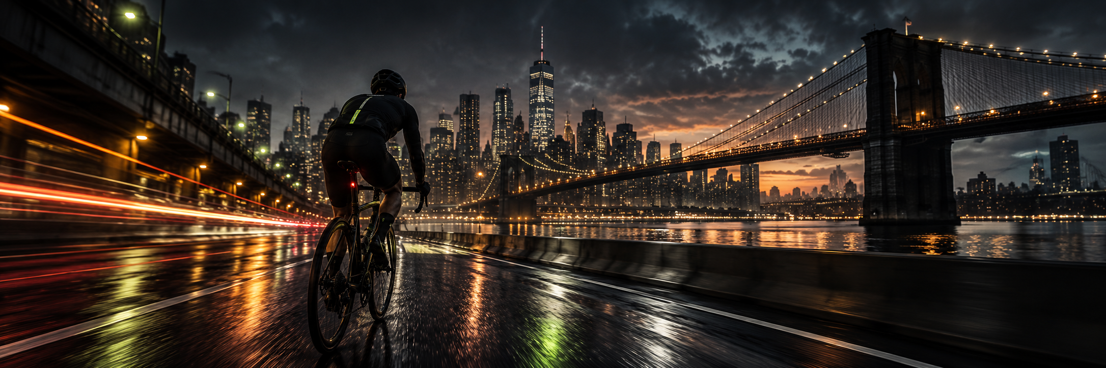 Cyclist riding beside a suspension bridge toward a city skyline at night.