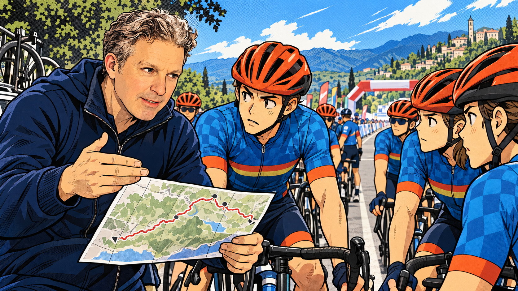 Manga illustration of David with riders before a race