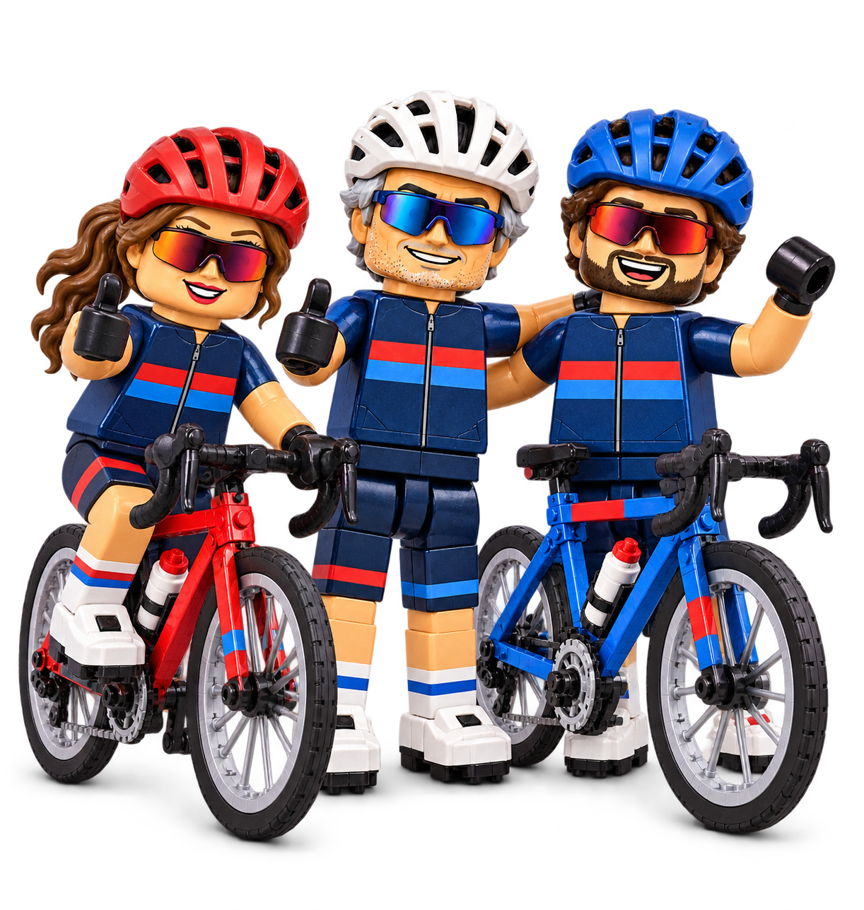 Three LEGO-style cyclist minifigures in red and blue kits with two brick-built road bikes
